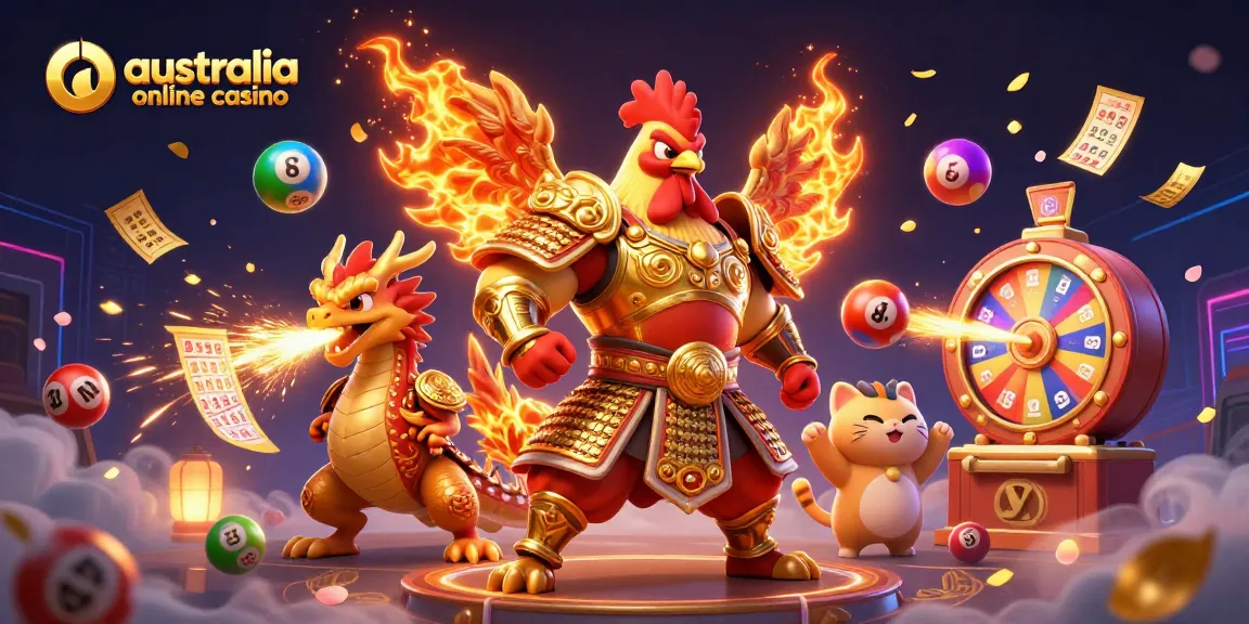 A thrilling scene featuring an australia online casino theme with dynamic moments of winning action, showcasing a rooster warrior and dragon hatchling.