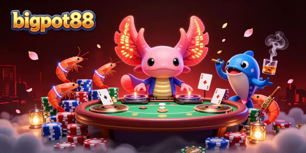 Pemain terlibat di suasana bigpot88 dengan DJ axolotl beraksi di meja poker penuh chip.