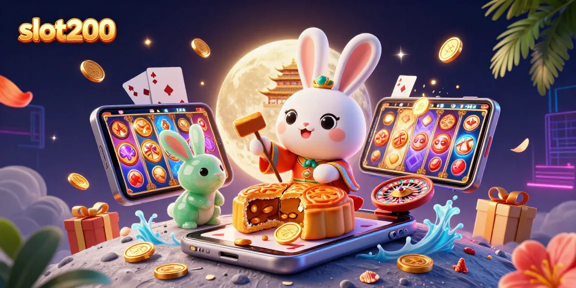 Slot200 menghadirkan permainan menarik dengan ilustrasi kelinci bulan dan simbol kasino.