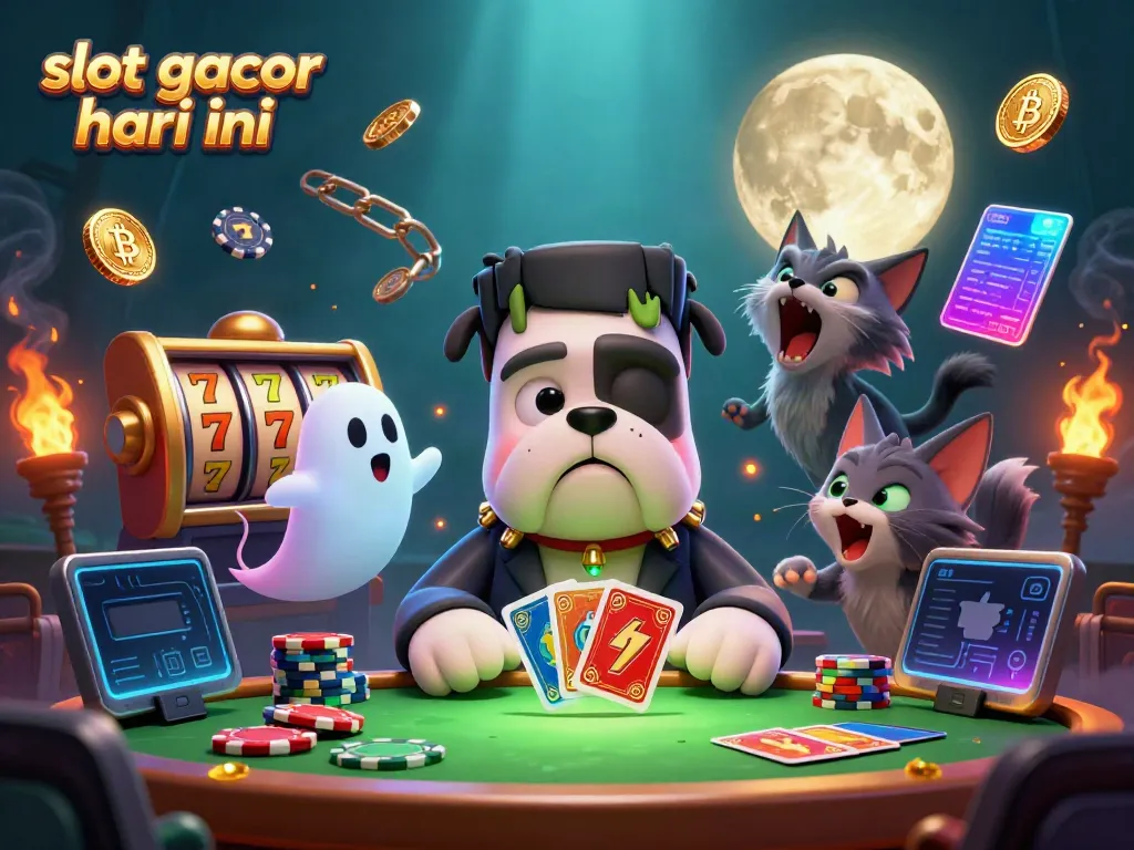 Engaging scene of a bulldog monster dealing cards, embracing a slot gacor hari ini theme with vibrant elements.