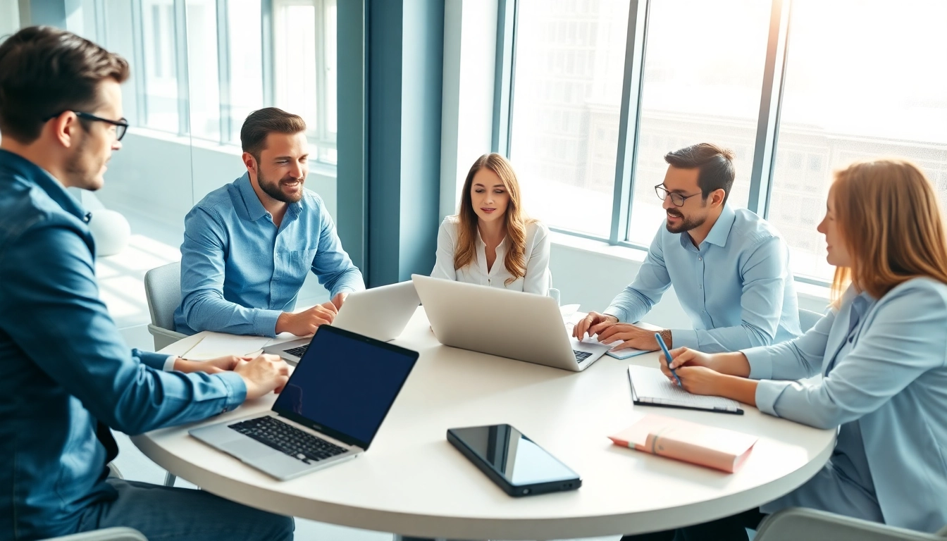Discussing unlimited business mobile plans in a modern office setting.