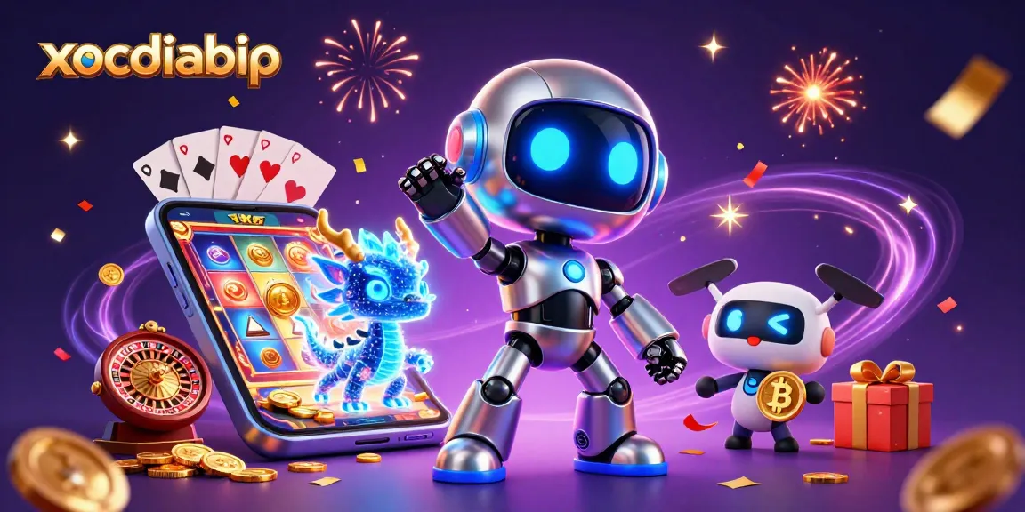Xocdiabip showcases a vibrant 3D casino scene with a cyberpunk robot, AI dragon, and bitcoin drone.