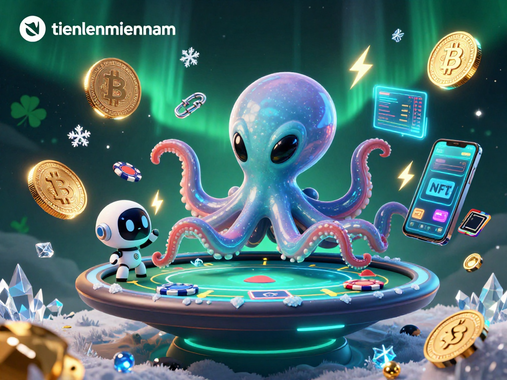 Engage with the thrilling world of tienlenmiennam poker as an alien octopus interacts with a holographic table.