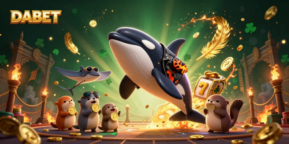 DABET slots action with a jumping orca, stingray, and sea otters amidst golden coins and vibrant atmosphere.