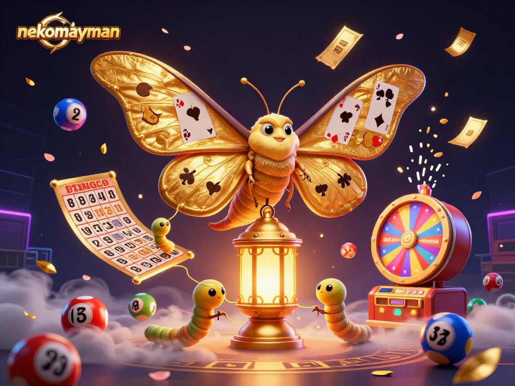 Engage with Neko May Mắn in a captivating casino scene featuring golden moths and festive elements.
