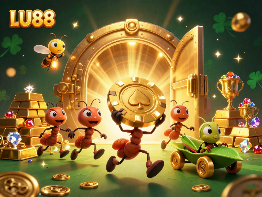 LU88 offers a dynamic casino adventure with ants heisting golden poker chips in a thrilling 3D scene.