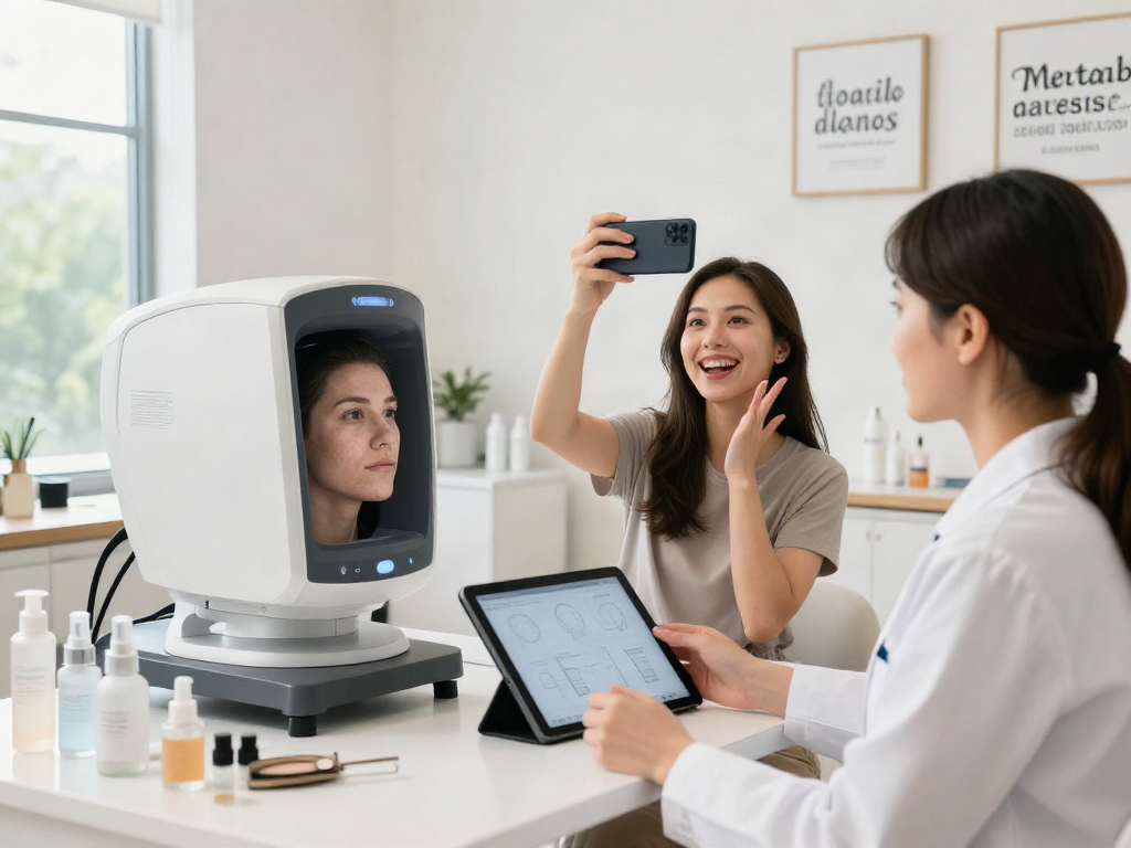 Consultation on alternatives to QOVES with beauty analysis technology in a bright studio.