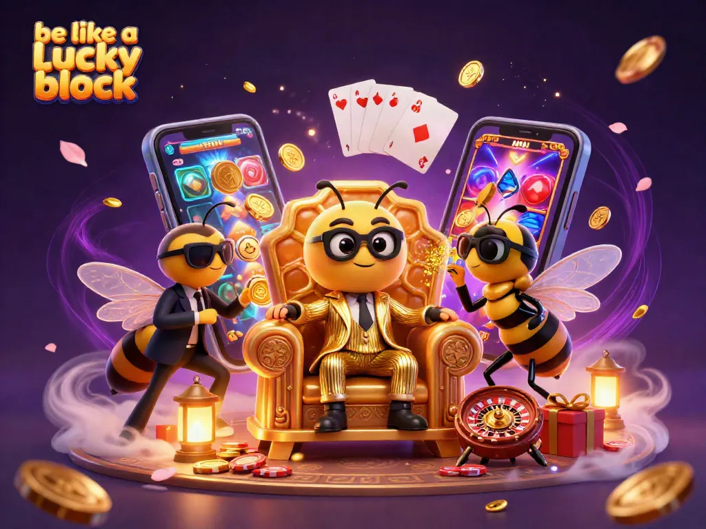 Spin and win with be like a lucky block in a colorful casino scene filled with games.