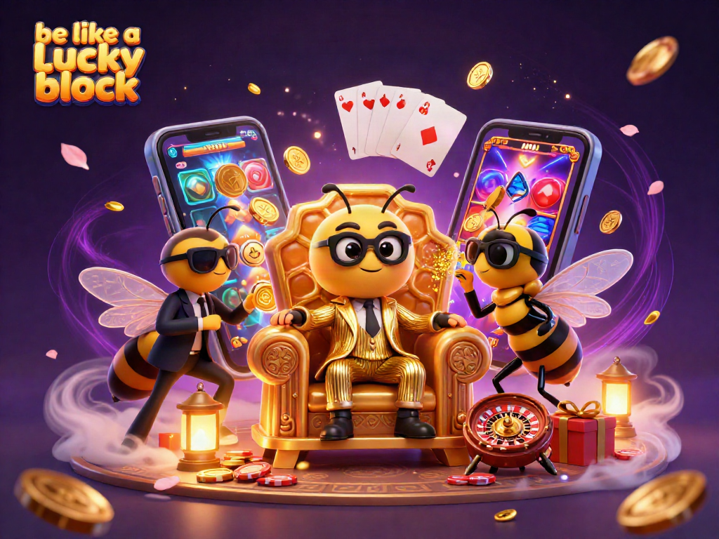 Spin and win with be like a lucky block in a colorful casino scene filled with games.