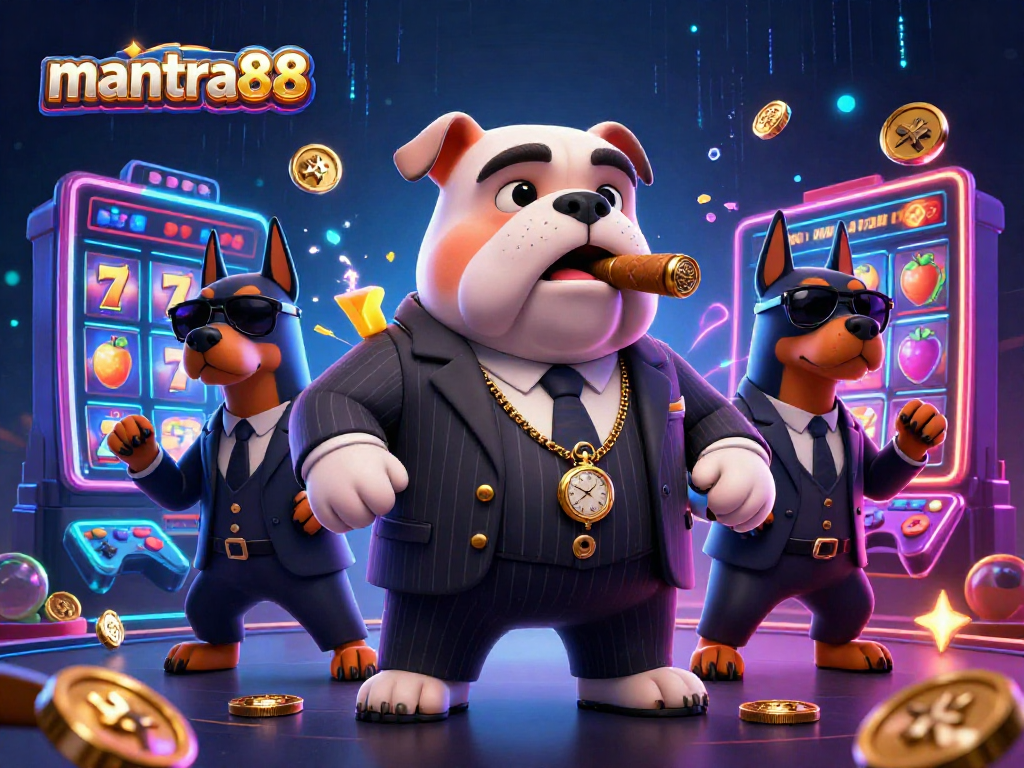 Experience thrilling jackpots with mantra88's vibrant casino gaming scene, featuring a mafia bulldog and Doberman bodyguards amidst 3D slot excitement.