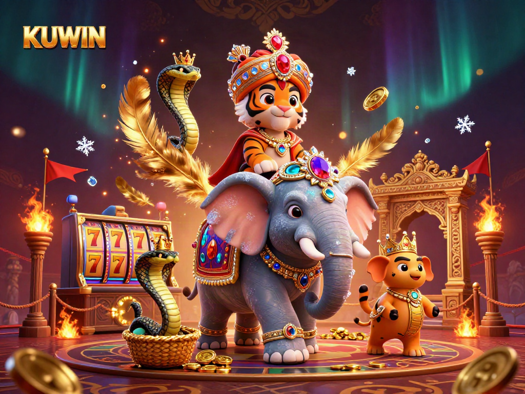 Experience thrilling action with KUWIN in a vibrant 3D casino scene filled with games and treasures.