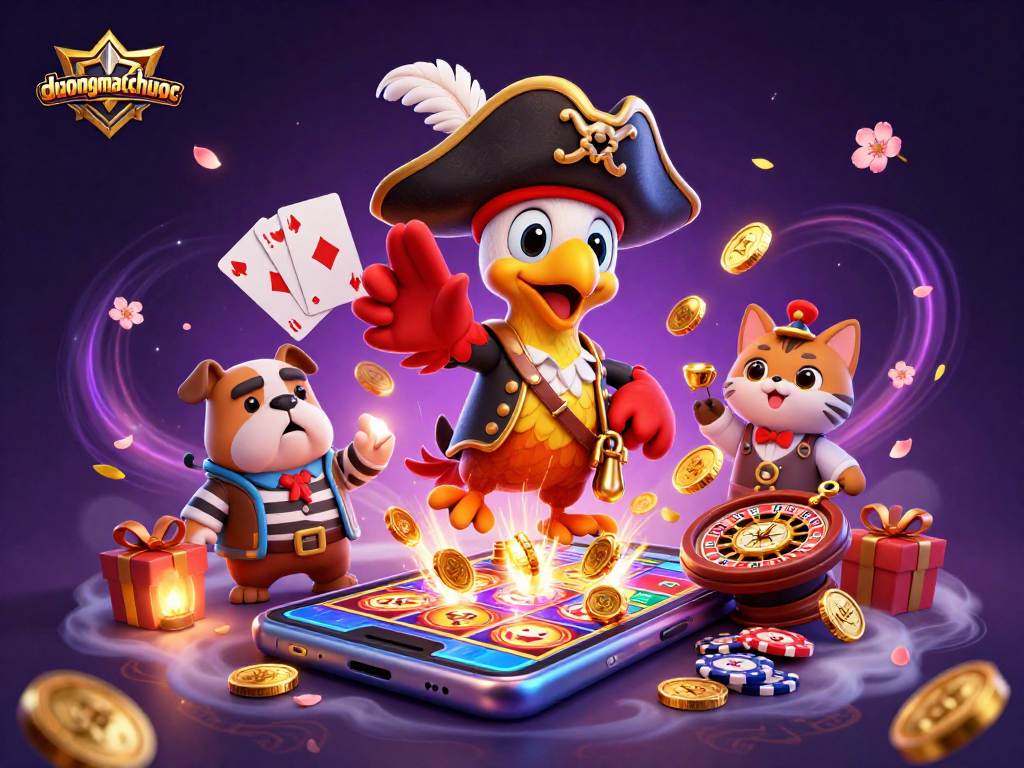 Spin and win with duongmatchuoc's vibrant casino elements, including colorful slots and golden coins.