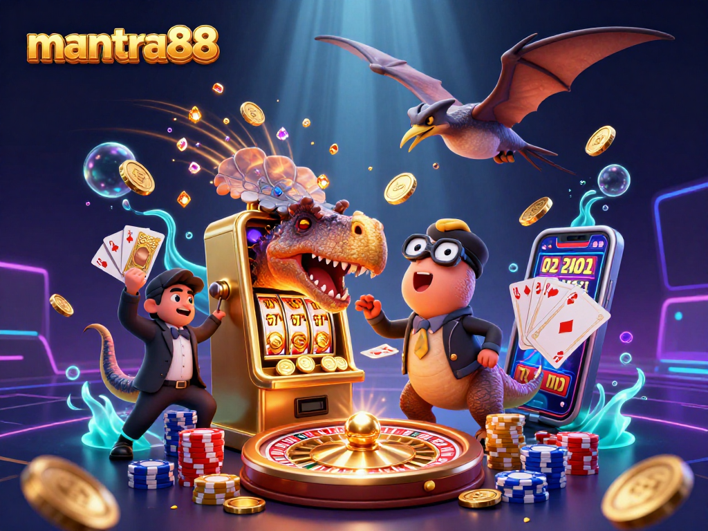 Experience the thrill of mantra88 with a pachycephalosaurus jackpot scene featuring golden coins and slot machines.