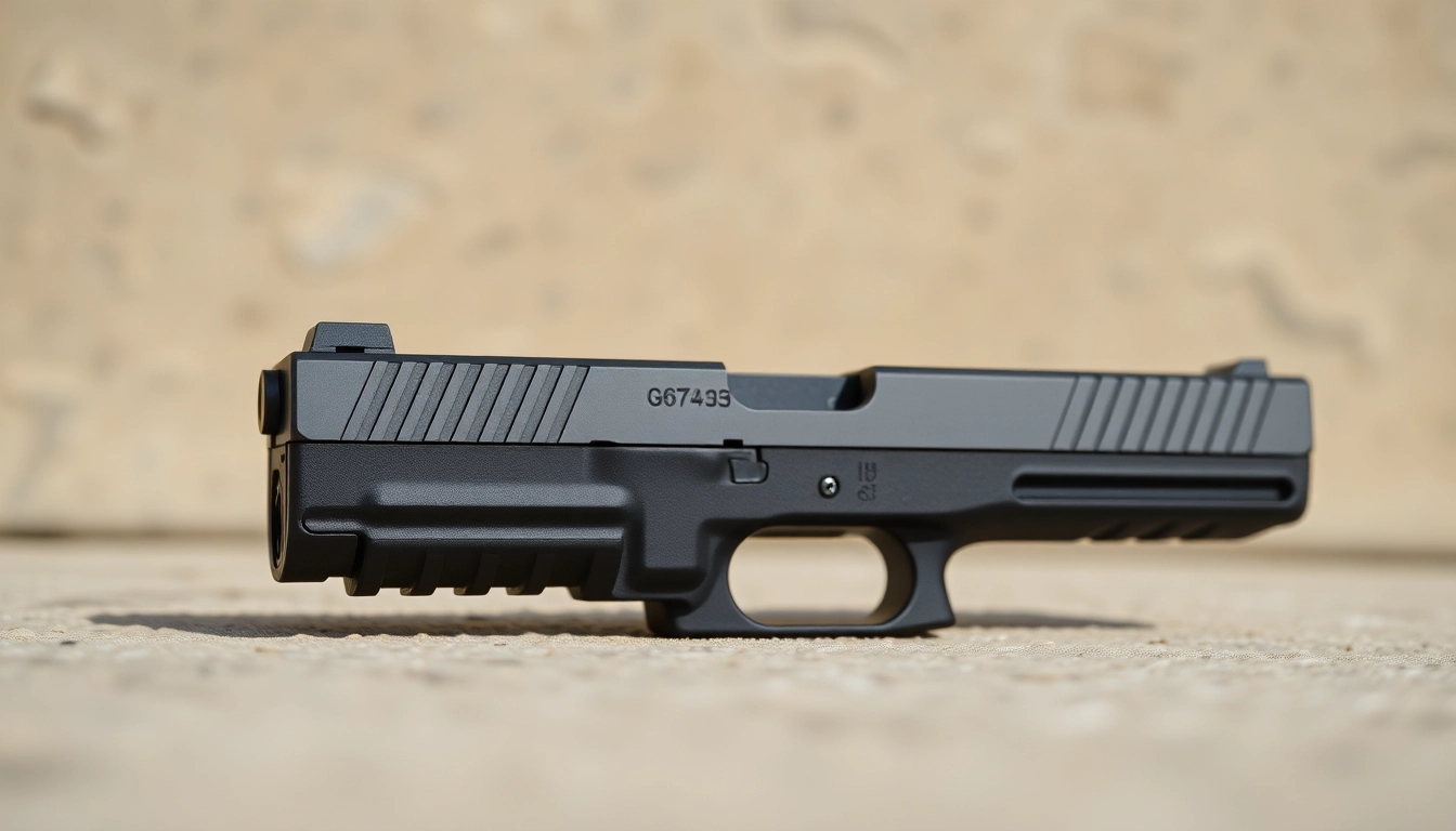 Showcasing a glock 43x slide prominently with detailed craftsmanship and sleek design.