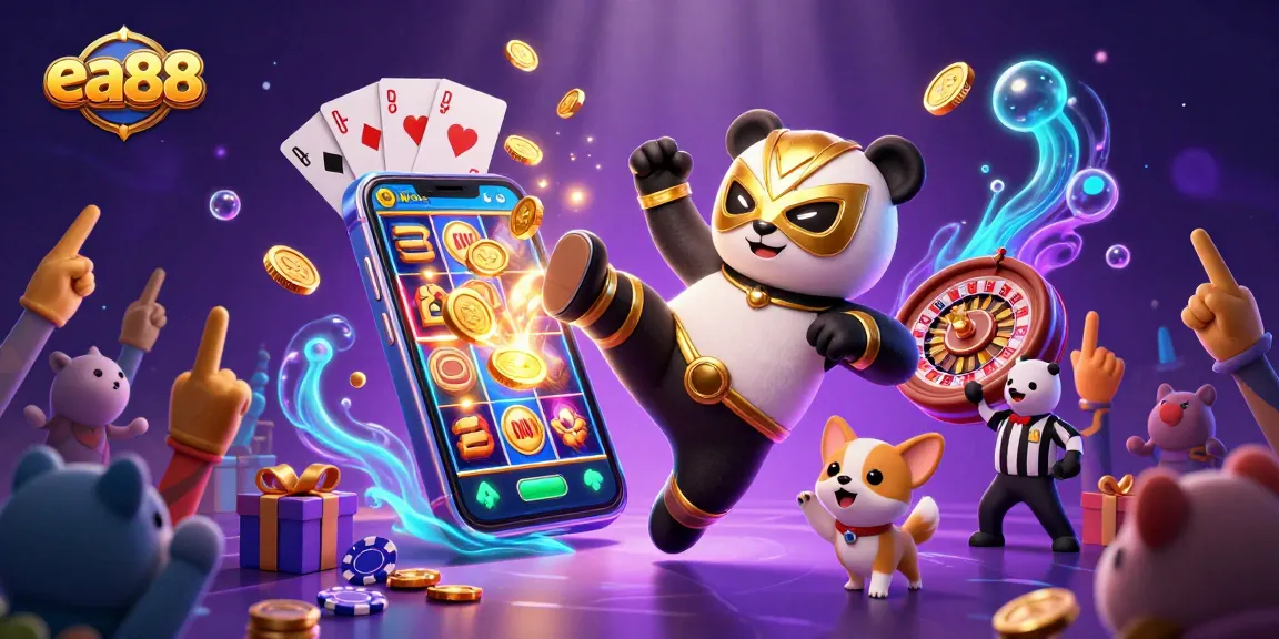 ea88 showcases an exciting scene with a panda wrestler, chihuahua referee, and vibrant casino elements.