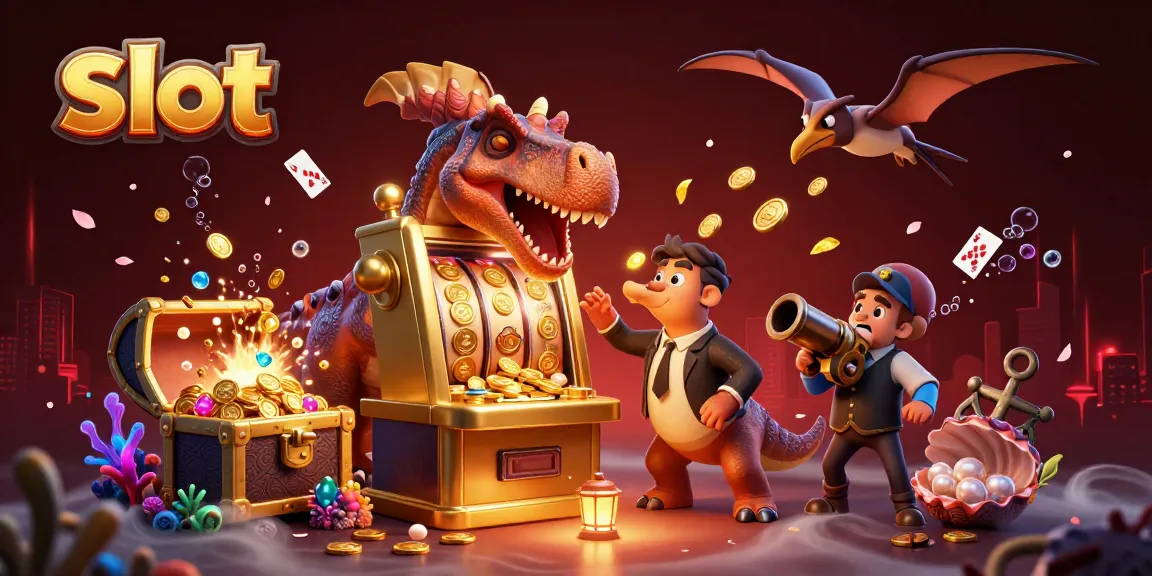 Slot machine jackpot emerges as dinosaurs headbutt and catch golden coins in exciting scene.