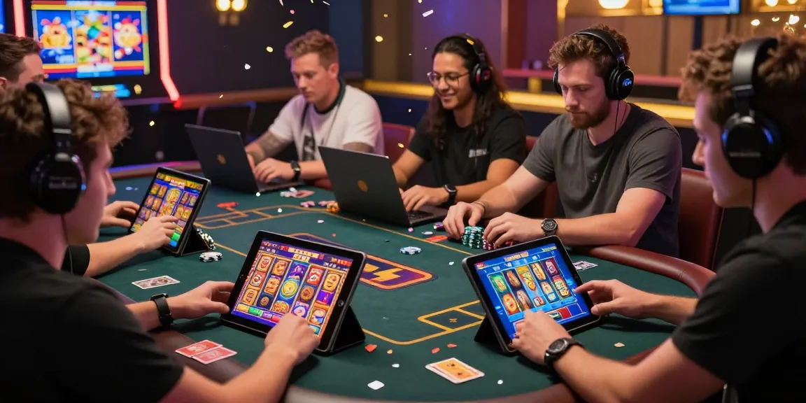 Players engaged in slot777 games on various devices, surrounded by gaming chips and colorful graphics.