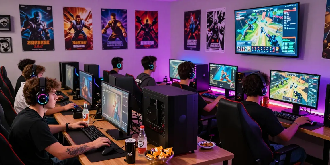 Ruang permainan online dengan LUXURY12 Link Alternatif dan penggemar game yang berkumpul, fokus pada layar dengan suasana semarak.