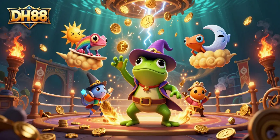 Win big with DH88 as a 3D weather wizard frog conjures golden coins in a vibrant casino scene.