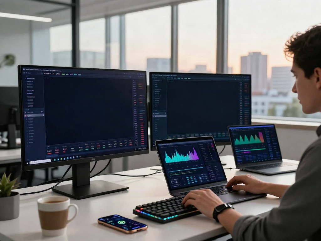 Market data API for AI agents displayed on cryptocurrency trading screens in modern office.