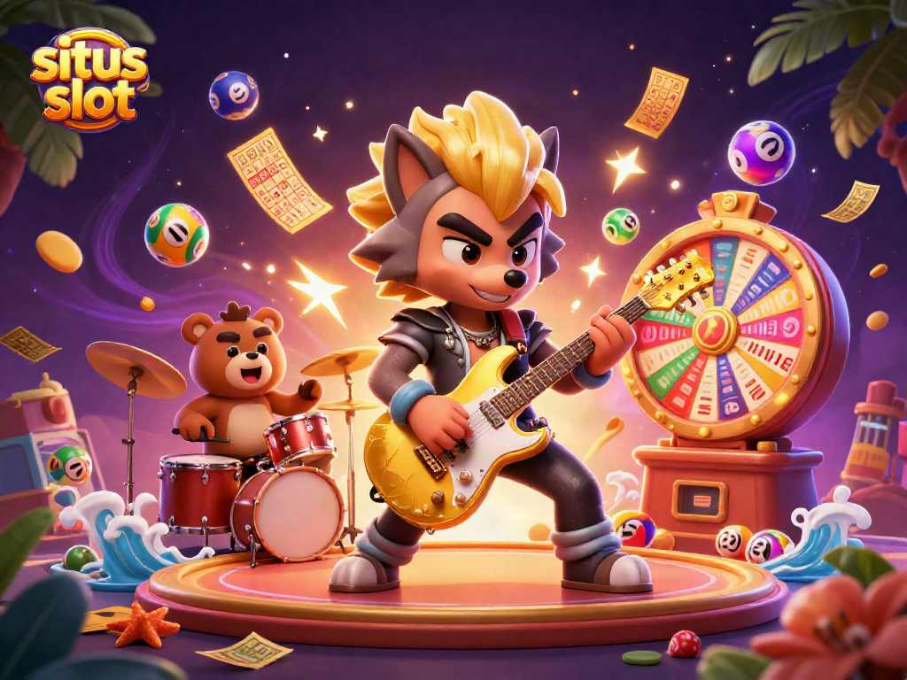 Enter the thrilling world of situs slot with vibrant lottery balls across a lively casino scene.