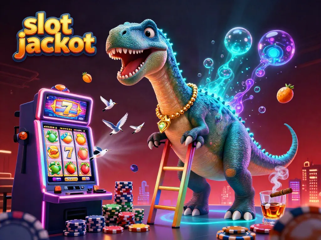 Experience the excitement of a slot jackpot as a dinosaur oversees a colorful casino scene