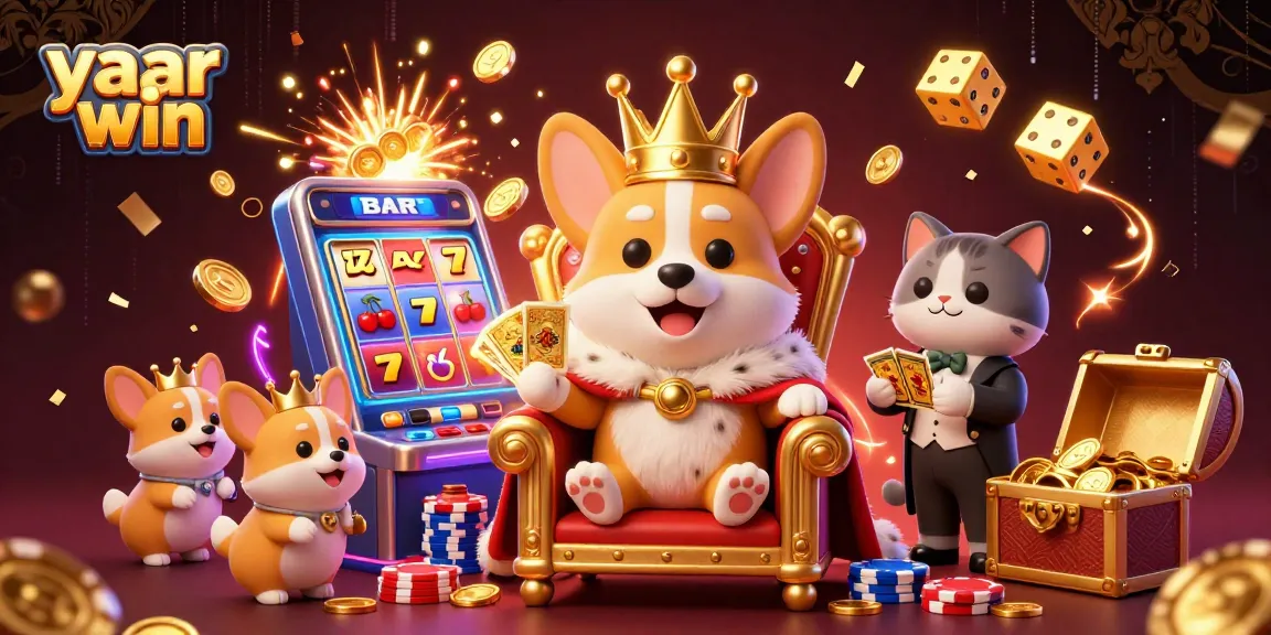 Spin the reels and win with yaar win in a lively 3D casino scene featuring a royal corgi.