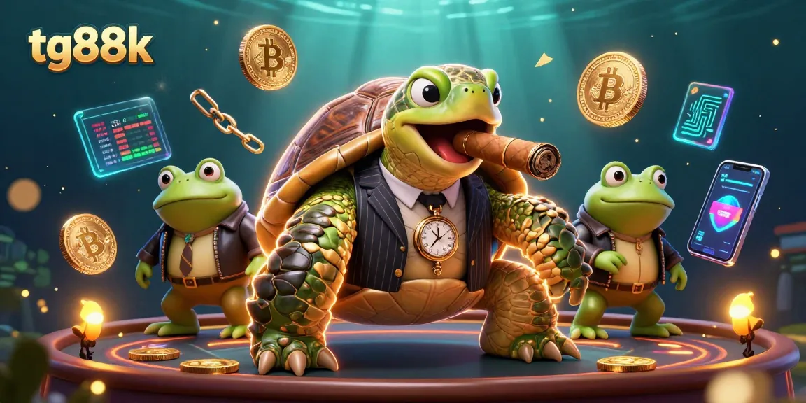 Experience thrilling games at tg88k with a vintage mobster turtle and crypto elements in a vibrant casino scene.