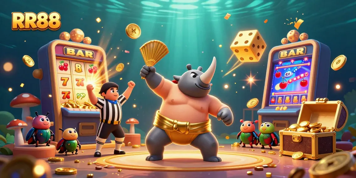 Witness the RR88 slot action with vibrant characters and golden coins flying everywhere in a dynamic casino atmosphere.