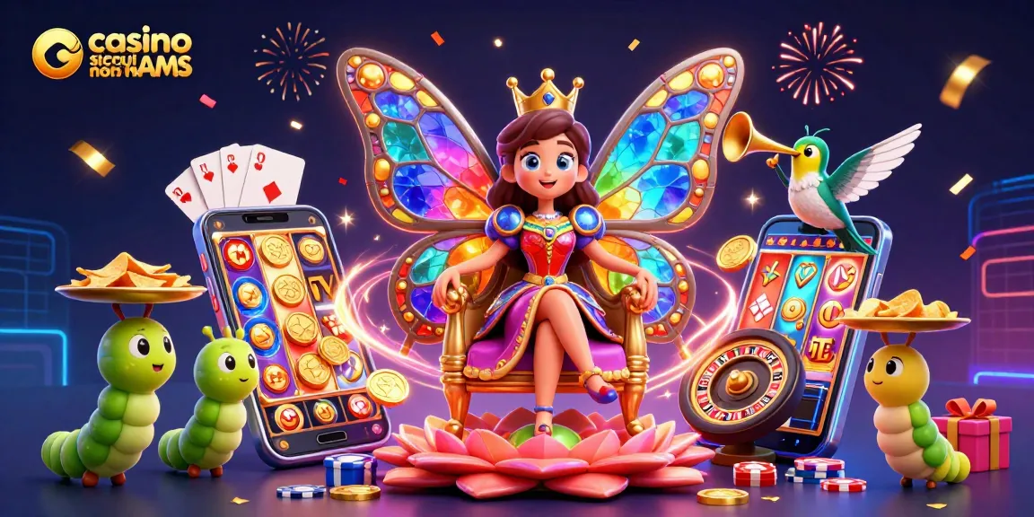 Gioca in casino sicuri non AAMS con la regina della farfalla nel suo trono fiorito e servitori che portano fiches dorate.