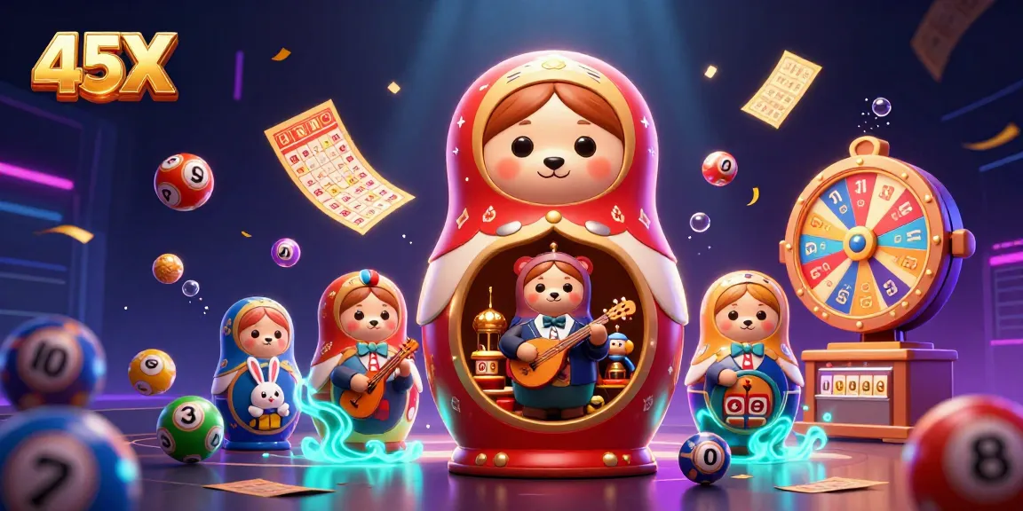 Engage with the 45X lottery scene featuring a vibrant bear dealer ensemble and energetic game elements.