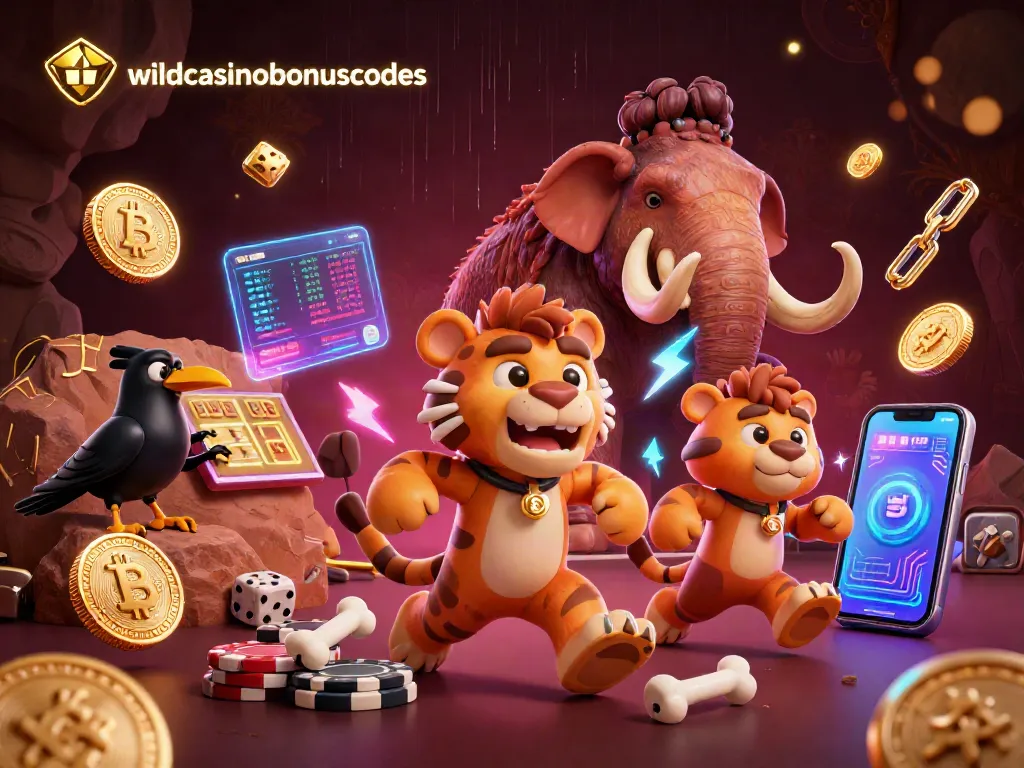 Engaging scene from wildcasinobonuscodes showcasing a prehistoric casino with Bitcoin and Ethereum coins.