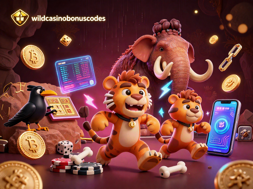 Engaging scene from wildcasinobonuscodes showcasing a prehistoric casino with Bitcoin and Ethereum coins.