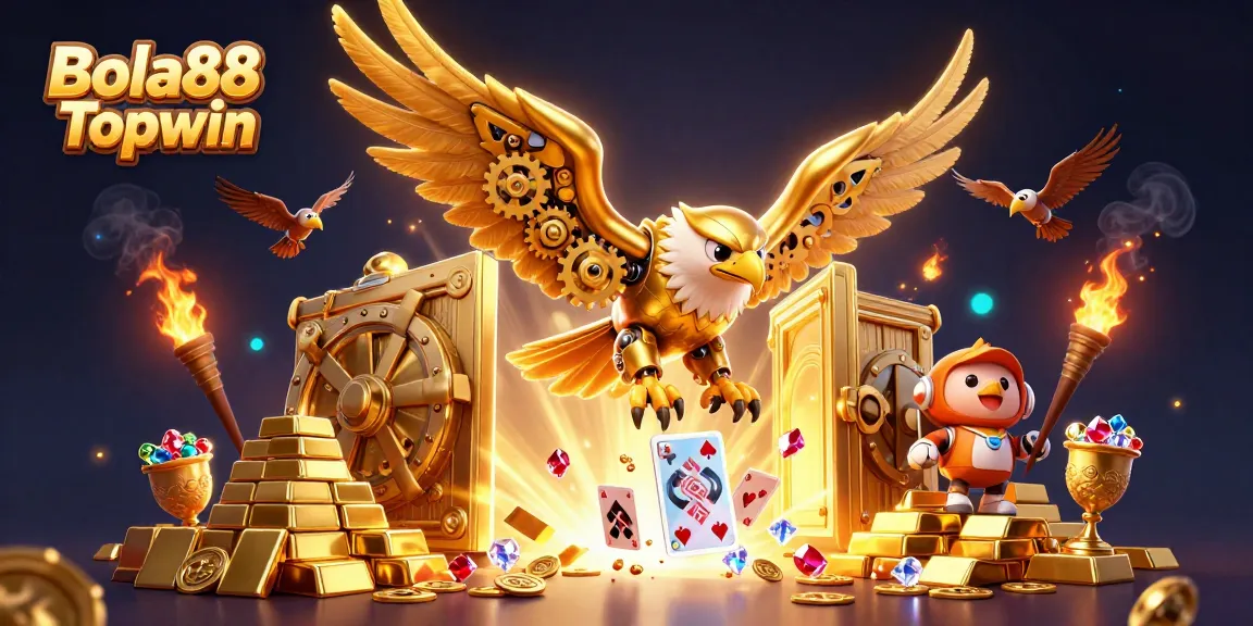 Bola88 Topwin shows a cybernetic eagle diving amidst treasure, emphasizing premium slot gameplay.