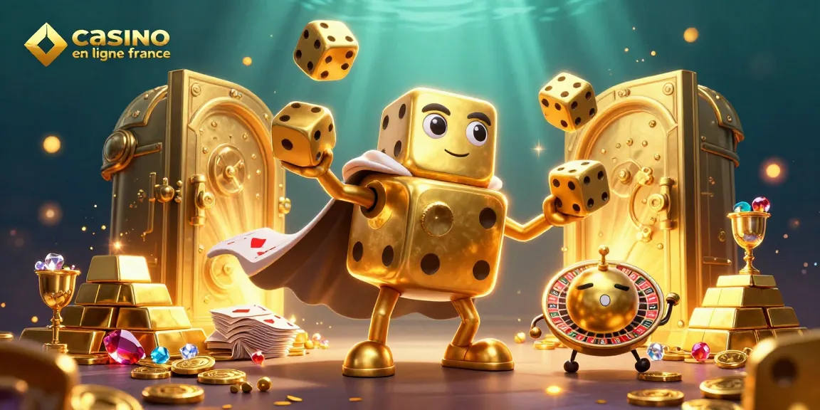 Image dynamique représentant un casino en ligne France avec des éléments ludiques et joyaux, illustrant des personnages animés dans un décor de jeu.