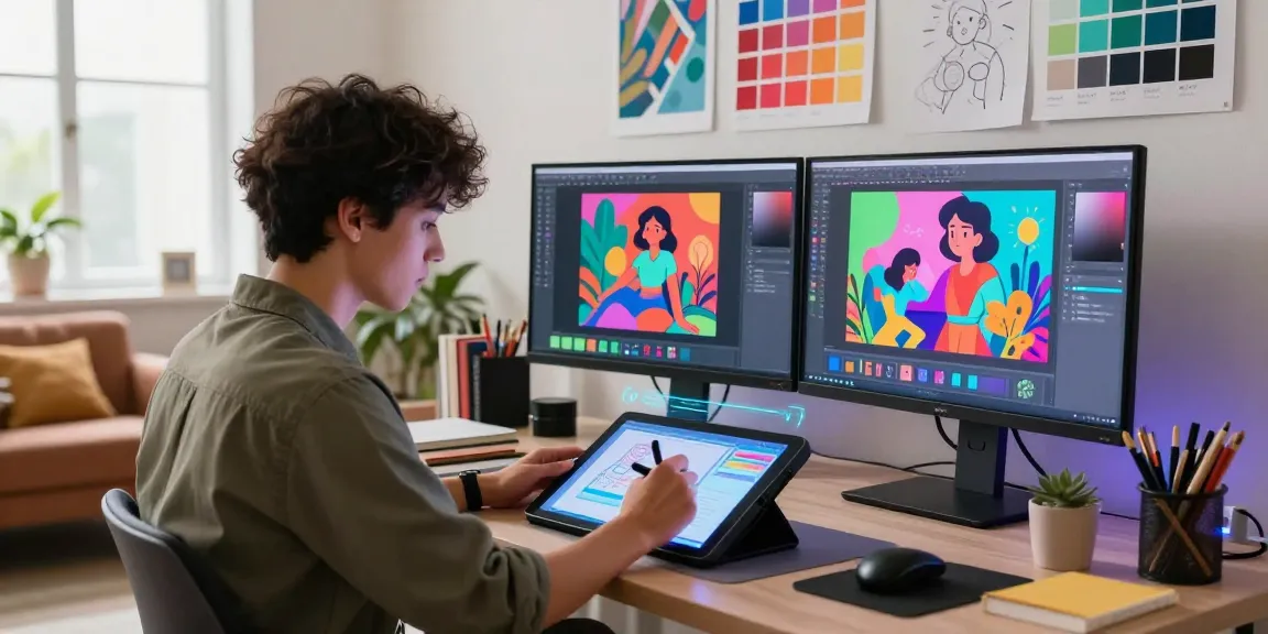 AI 18+ artist in a vibrant digital art studio using innovative designs and tools.