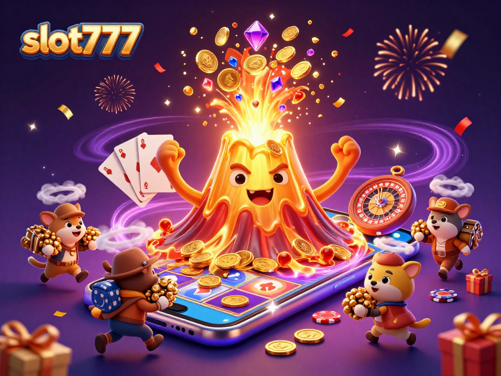Experience thrilling wins at slot777 with a golden volcano erupting treasures and captivating game action.