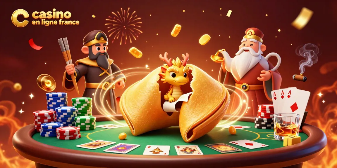 Visualisation dynamique d'un casino en ligne France avec un cookie fortune et des éléments de jeu captivants.