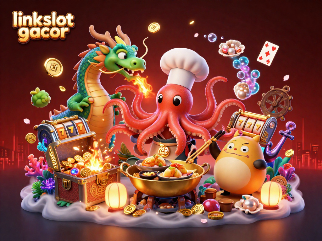 Experience link slot gacor action with a vibrant 3D scene featuring a sushi chef octopus and dragon in a treasure-filled casino setting.