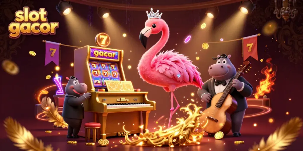 Experience the excitement of slot gacor with vibrant characters and dynamic elements in a luxurious casino atmosphere.