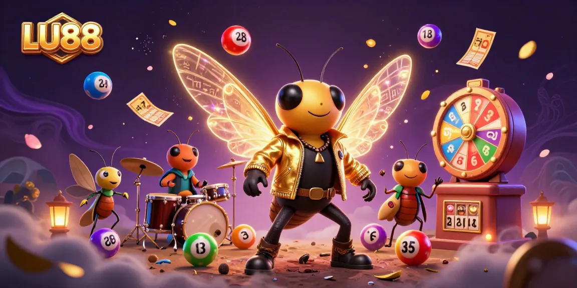 Engage with LU88's animated lottery scene featuring a cicada rock star and vibrant game elements.