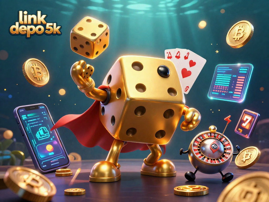 Play exciting games with link depo 5k, featuring golden dice, vibrant coins, and dynamic casino elements.