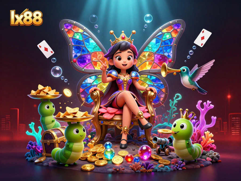 Experience the thrill of gaming with lx88's enchanting butterfly queen amid treasures in this vibrant scene.