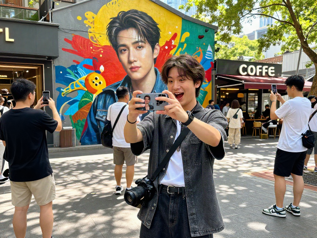 Young adult enjoying the celebrity look alike experience in an urban setting