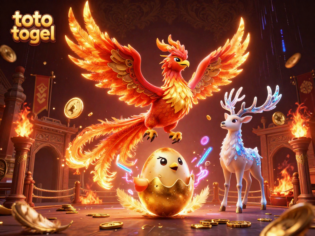 Experience thrilling toto togel action as a phoenix rises in vivid glory, surrounded by gold coins and dynamic elements.