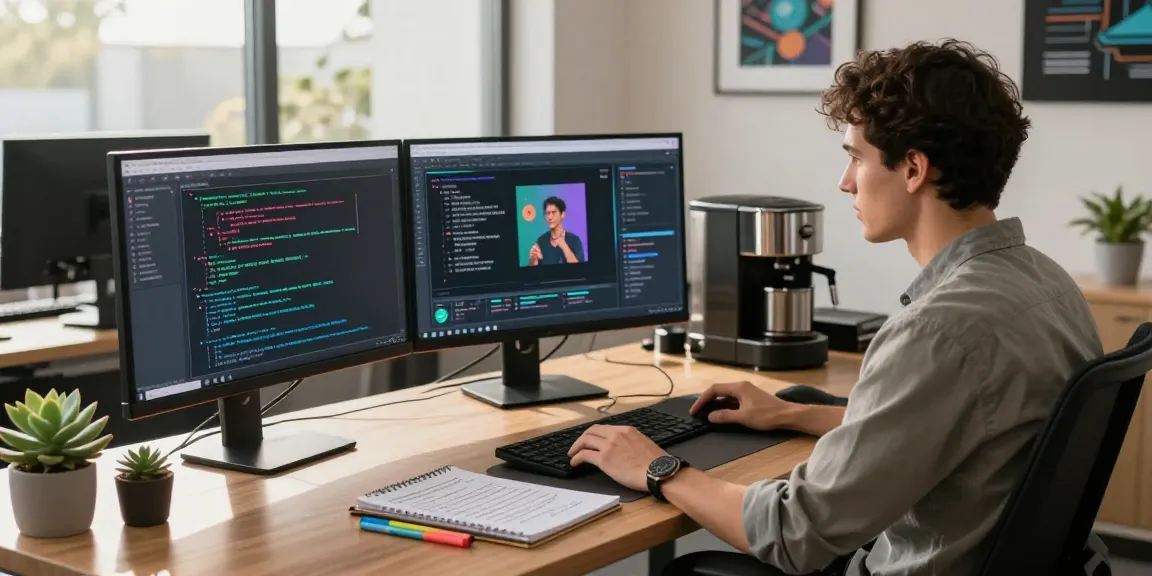 Data analyst using AI Detector in modern workspace with screens and natural light.