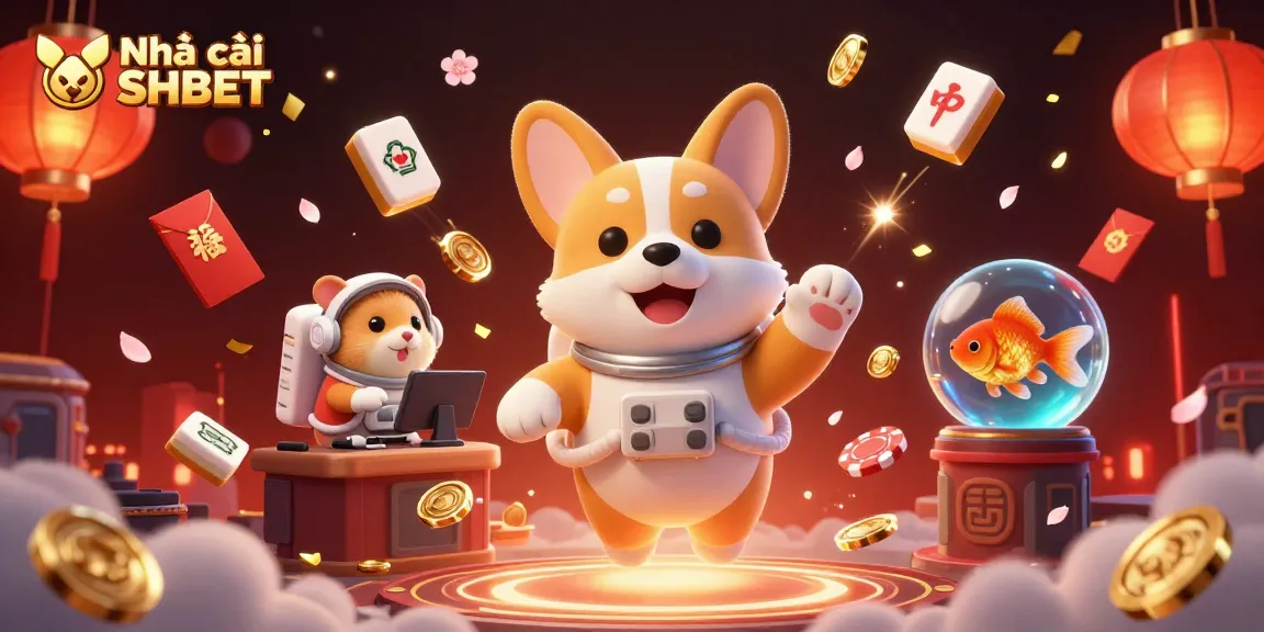 Engage with Nhà cái SHBET at a dynamic casino scene with gambling elements floating throughout.