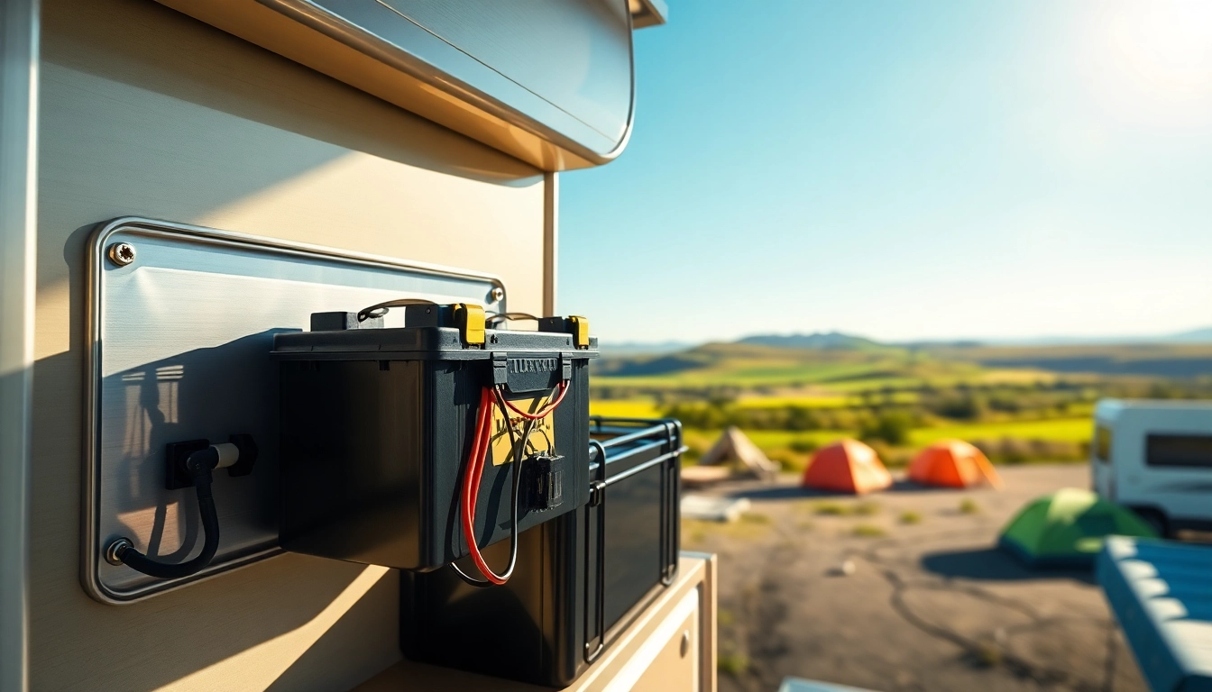 Showcase of lithium RV batteries powering an RV at a scenic campsite, highlighting design and functionality.