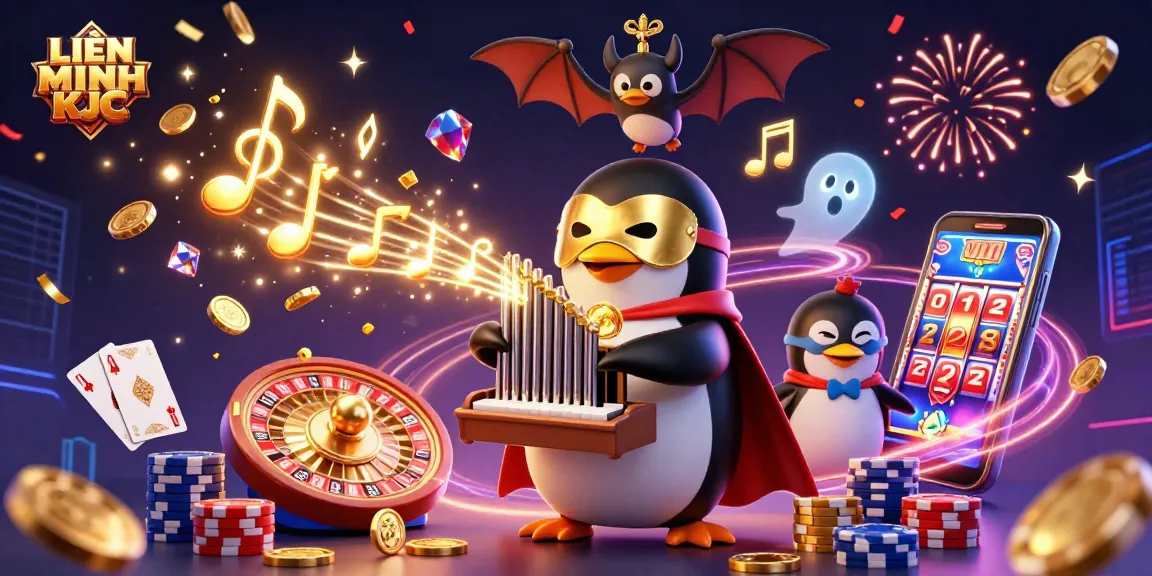 Engage with LIÊN MINH KJC as a cartoon penguin plays an organ raining gold coins in a vibrant casino scene.