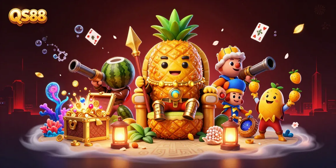 Exciting scene of QS88 featuring a golden pineapple king at a beach casino, with entertaining characters and vibrant elements.